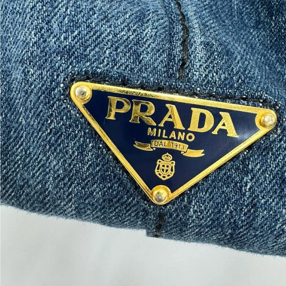 Prada Canapa Denim Tote with Gold Triangle Logo - Indigo Blue Large - Picture 3 of 10